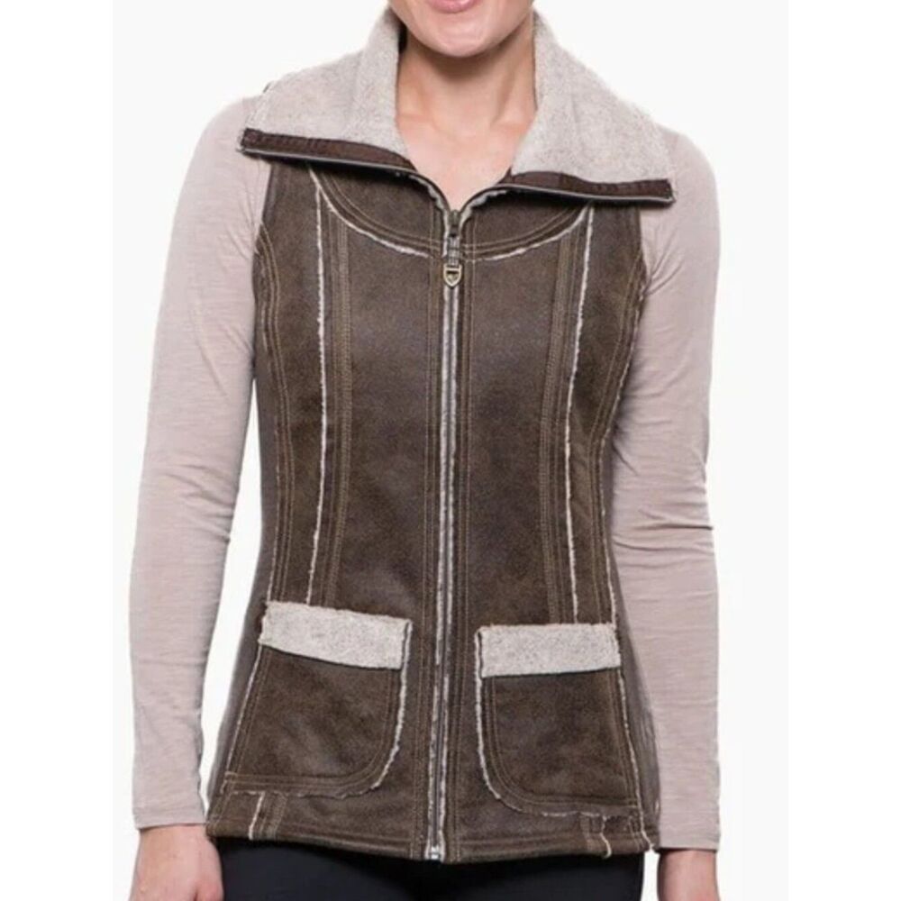 KÜHL Sherpa Lined Vest Brown Faux Suede Western Outdoor Large